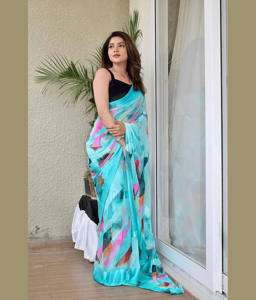 Sitanjali Georgette Printed Saree With Unstitched Blouse Piece ( SkyBlue )