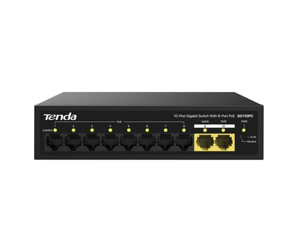 Tenda SG110PC 8+2 Port Desktop Gigabit POE Switch with 8 Port POE - 100W (All Giga Port)-Black