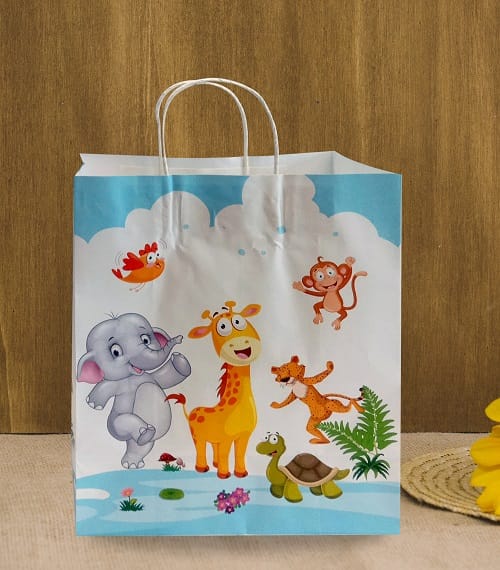 90 GSM Jungle Safari Printed Attractive Paper Gift Bags, Ideal for Birthday Return Gifts, Kids Party, & Gifting on Special Occasions (Size: 11.4 x 9.4 x 4.7 inch) - 12