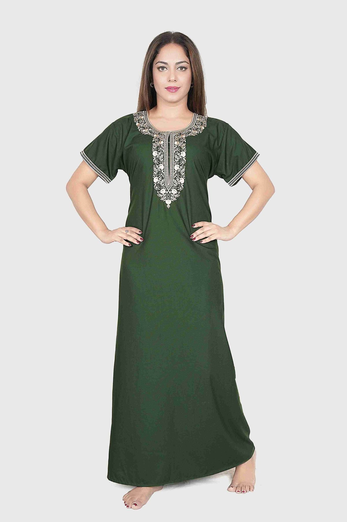 Luxury Women’s Nighty – Plain Bizzy Lizzy Fabric with Stylish Neck Embroidery Night Gown