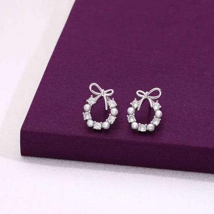 Sterling Silver Charming Bow Pearl Earrings-Pearl / Silver