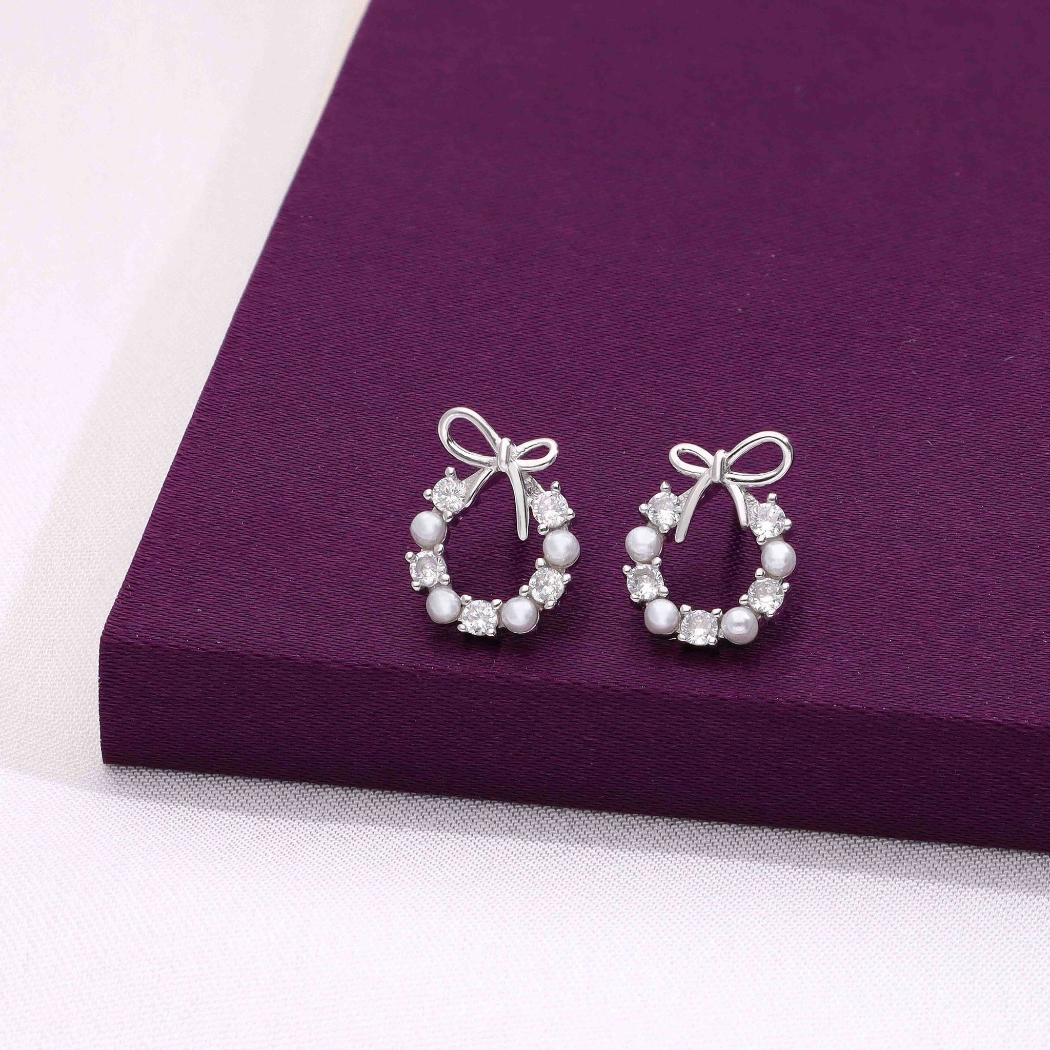 Sterling Silver Charming Bow Pearl Earrings-Pearl / Silver