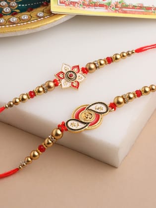 NVR Men Set of 2 Red & Gold Floral Design Artificial Beads Thread Rakhi With Roli Chawal Chandan & Mishri-One Size / Red