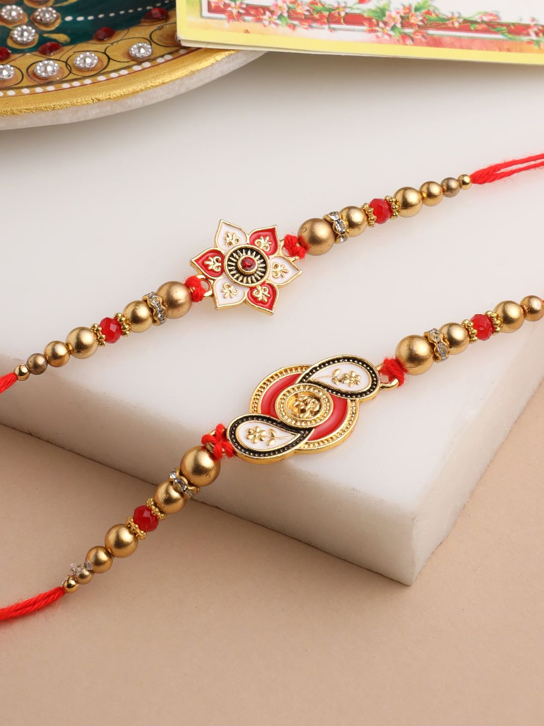 NVR Men Set of 2 Red & Gold Floral Design Artificial Beads Thread Rakhi With Roli Chawal Chandan & Mishri-One Size / Red
