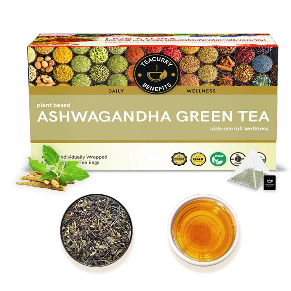 TEACURRY Ashwagandha Green Tea (1 Month Pack, 30 Tea Bags) - Helps with Sugar, Stress, Cholesterol