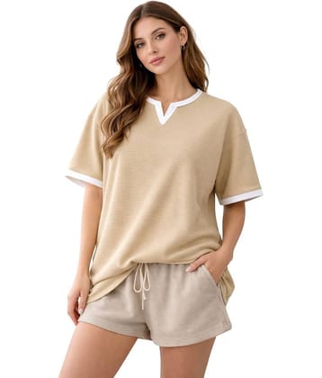 RodZen Women Poly Cotton Oversized Fit V-Neck T-Shirt ( Beige )