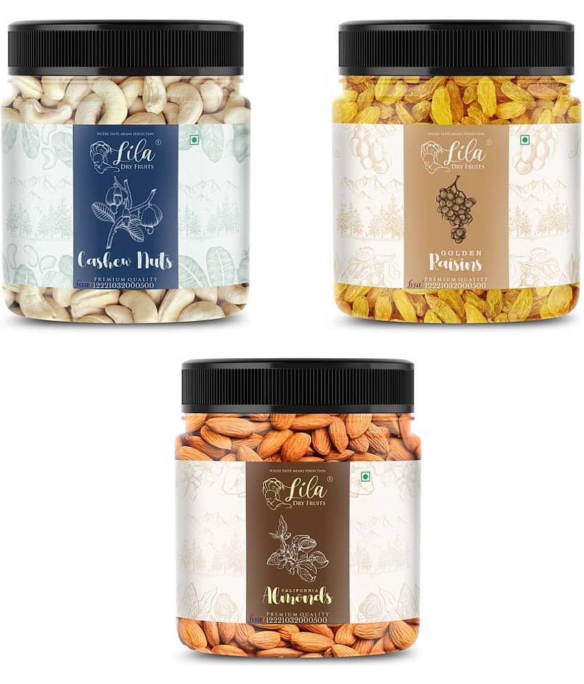 Lila Dry Fruits Cashew (100gm), Almond(100gm) & Green Raisin(100 gm) Combo | Kaju Badam Kishmish
