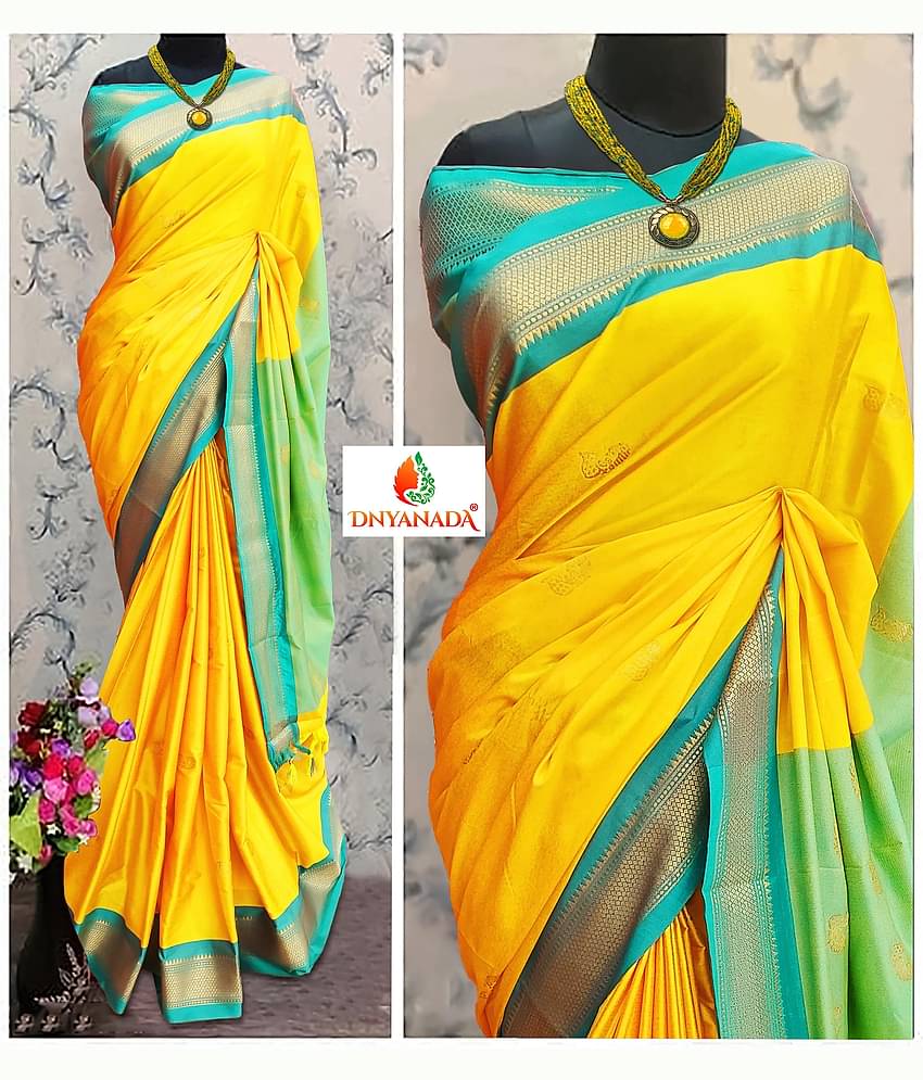 Mysstre Cotton Silk Woven Saree With Unstitched Blouse Piece ( Yellow )