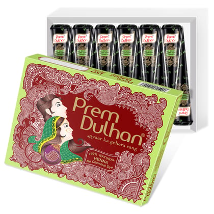 Prem Dulhan Natural Henna Mehandi Cones 12 Pcs, Brown Mehendi Cones, for Bridal and Festivals, Easy Application, Green box