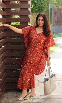 Cotton Kaftan Style Coral Red Buttoned Coord Set-XXS