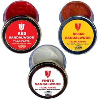 PACK OF THREE PREMIUM KESAR , PREMIUM RED AND PRE WHITE SANDALWOOD TILAK PASTE MADE WITH PURE AND RARE SANDALWOOOD STICK