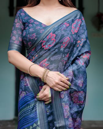 Navy Blue Pure Cotton Linen Saree with Floral Print, Blouse, and Tassel Detailing-Regular
