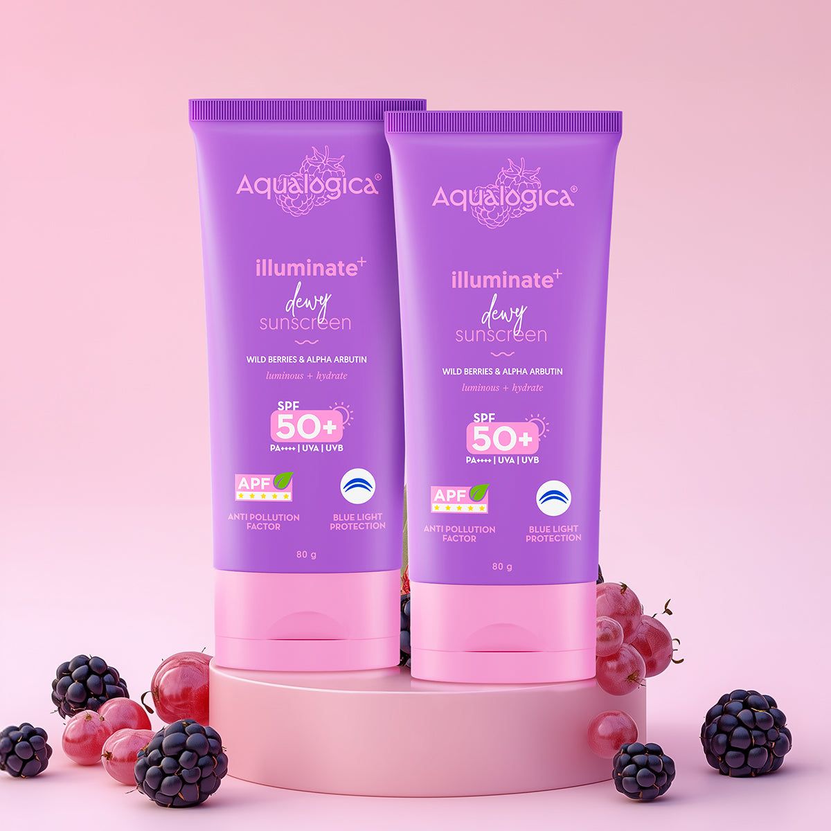 Illuminate+ Dewy Sunscreen SPF 50+ PA++++ with Anti Pollution Factor (APF) | Wild Berries & Alpha Arbutin - 80g (Pack of 2)