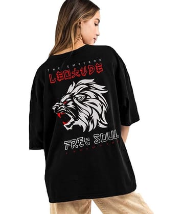 Leotude Women Cotton Blend Printed Oversized Fit Round Neck T-Shirt ( Black )