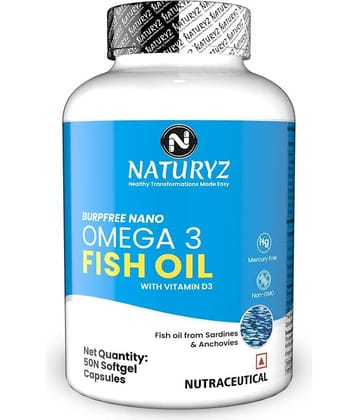 NATURYZ BURPFREE OMEGA 3 Fish Oil 2000 Mg with Vitamin D3 for Skin, Eyes, Heart & Brain -50 Softgels