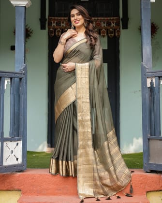 Elegant Olive Green Plain Chiffon Saree with Gold Zari Border, Floral Printed Blouse & Tassel Detailing-Regular