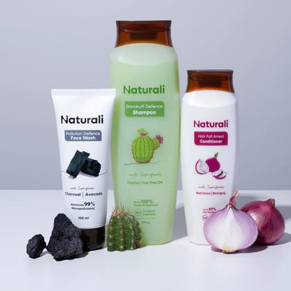 Naturali Dandruff Defence Shampoo + Hair Fall Arrest Conditioner + Pollution Defence Facewash-370ml+180ml+100ml