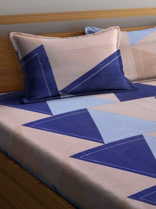 Blue & Beige Geometric 300 TC King Bedsheet with 2 Pillow Covers