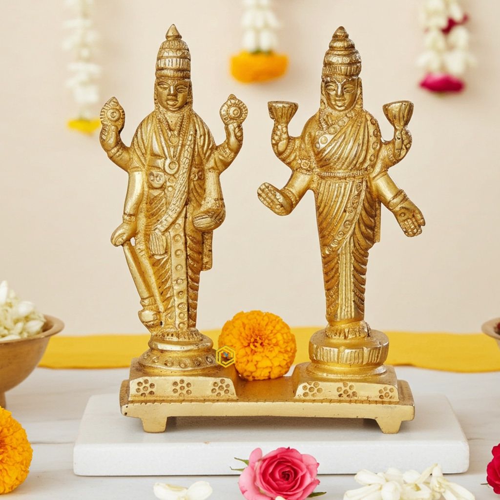 Brass Vishnu Laxmi God Idol Statue - Divine Pair Temple Decor, Height : 4 Inch (BSMAS1054 C)