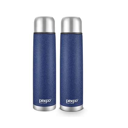 Pexpo 24 Hrs Hot & Cold, 1000 ML Stainless Steel Insulated ISI Certified Flask with Jute Bag, Blue, Set of 2, Flamingo | Leak-Proof | Eco-Friendly | Office | Home | kitchen | Travelling | Hiking Flask