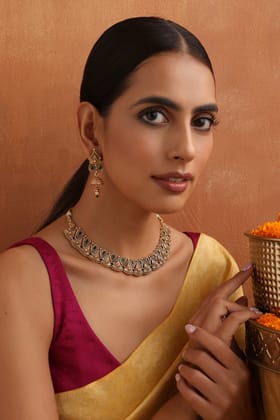 Gathika Green Temple Necklace Set-Temple Work
