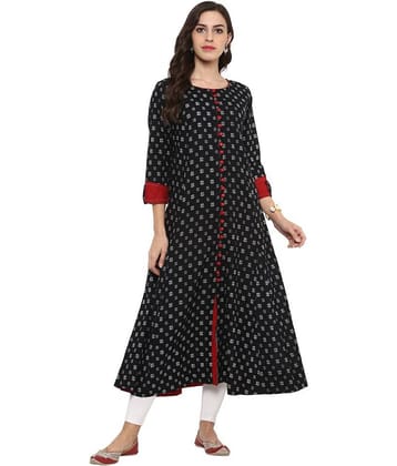 Yash Gallery Pack of 1 Cotton Printed Anarkali Women's Kurti - ( Black )
