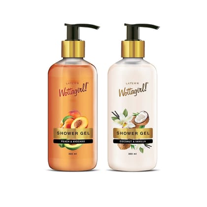 LAYER'R WOTTAGIRL! SHOWER GEL COMBO| PEACH & AVOCADO + COCONUT & VANILLA | 300ml Each