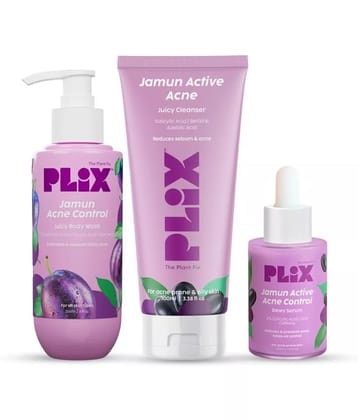 Plix Jamun Skincare Combo, Cleanser, Body Wash and Active Acne Serum For Active Acne(Pack of 3)