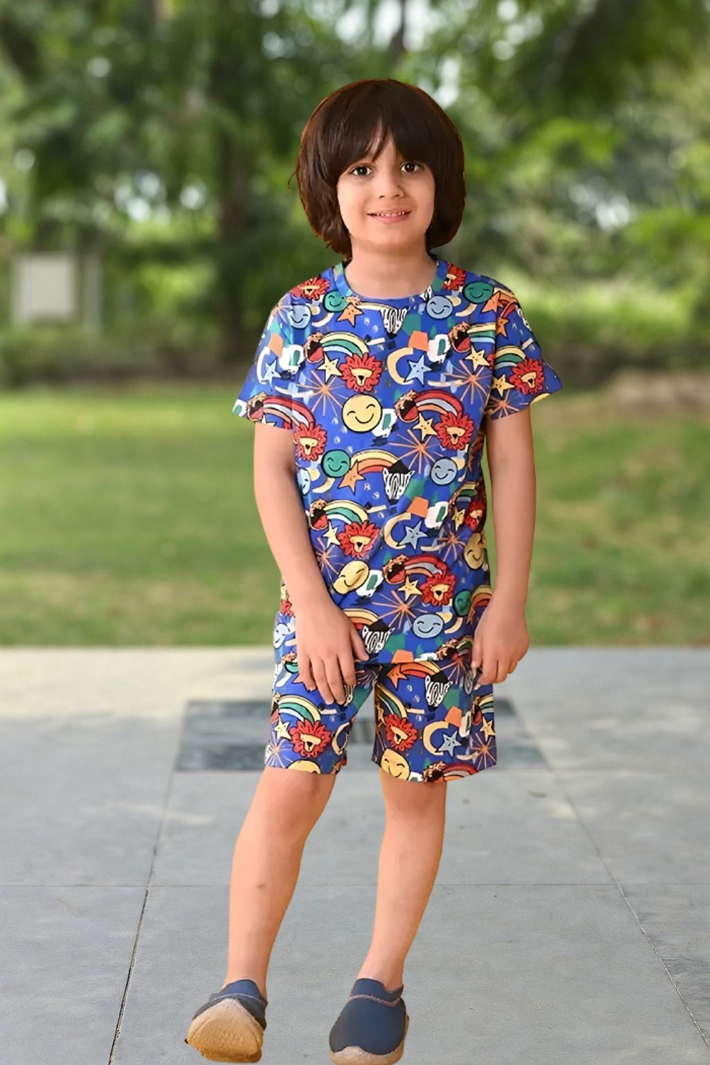 MULTICOLOR PRINTED BLUE  T-SHIRT AND SHORTS SET FOR BOYS & GIRLS
