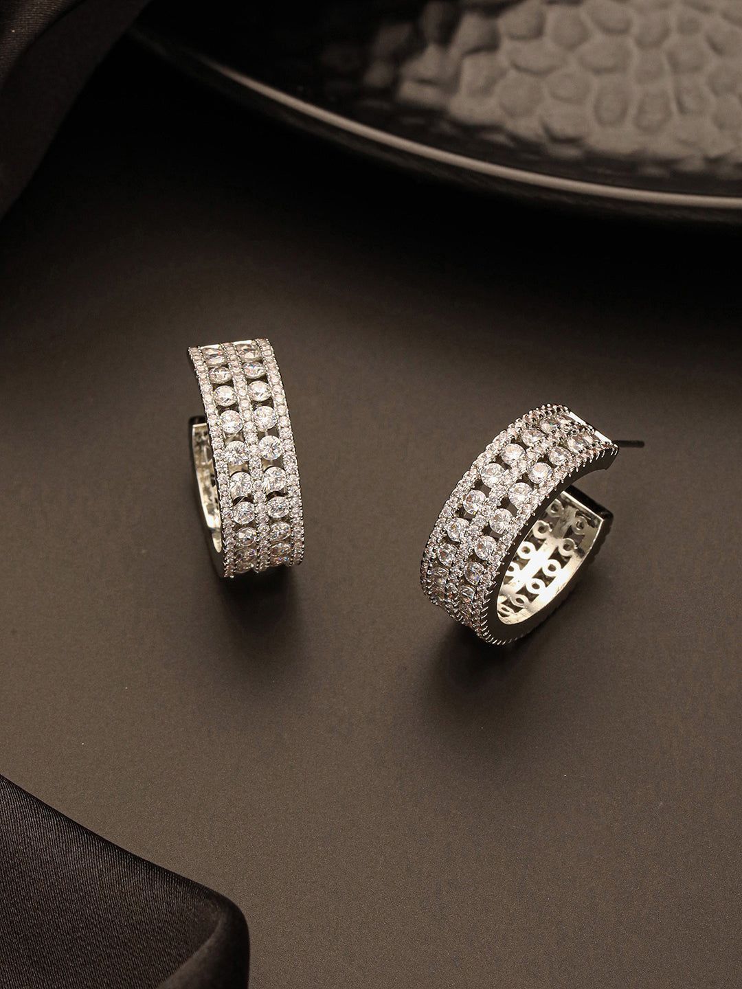 White Rhodium AD Studded C Shaped Minimal  Bali Studds Earrings