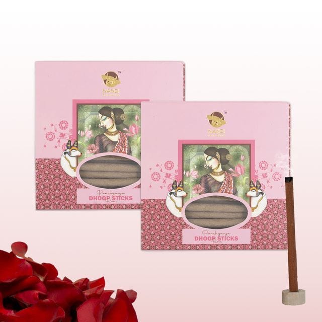 Nandi Panchgavya 100 Percent Cow Dung Dhoop Sticks for Pooja with Stand (Rose Fragrance-Pack of 2,100 Sticks)