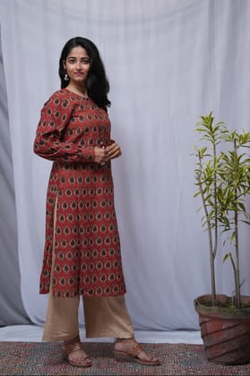 Rivaaj Ethnic Rea Bagru Cotton Straight Kurta (Size M) | Red & Black Handblock Print | Full Cuff Sleeves Round Neck | Festive & Casual