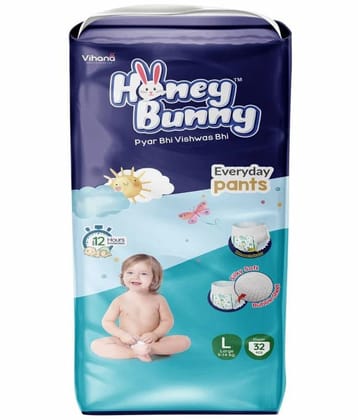 Honey Bunny Pants Diapers L - 32 pcs with Wetness Indicator, Silky Soft - Bubble sheet (9-14 kgs)