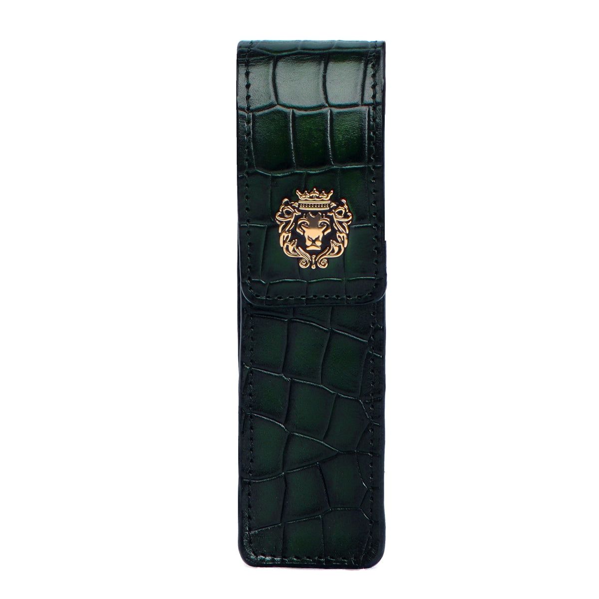 Smokey Green Cut Croco Textured Leather Pen Holder with Metal Lion Logo By Brune & Bareskin-FS