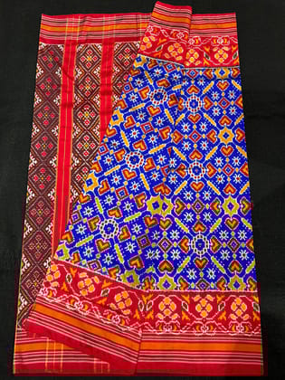 Pochampally Ikkat Silk Patola Blue With Red Sari