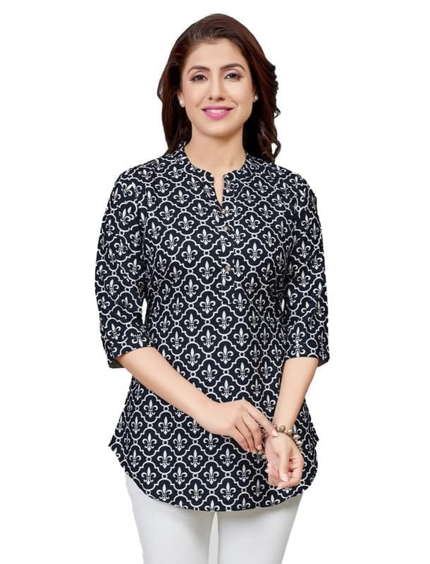 Women's Poly Crepe Mandarin Collar 3/4 Sleeves Short Top (Black, S)-PID56225