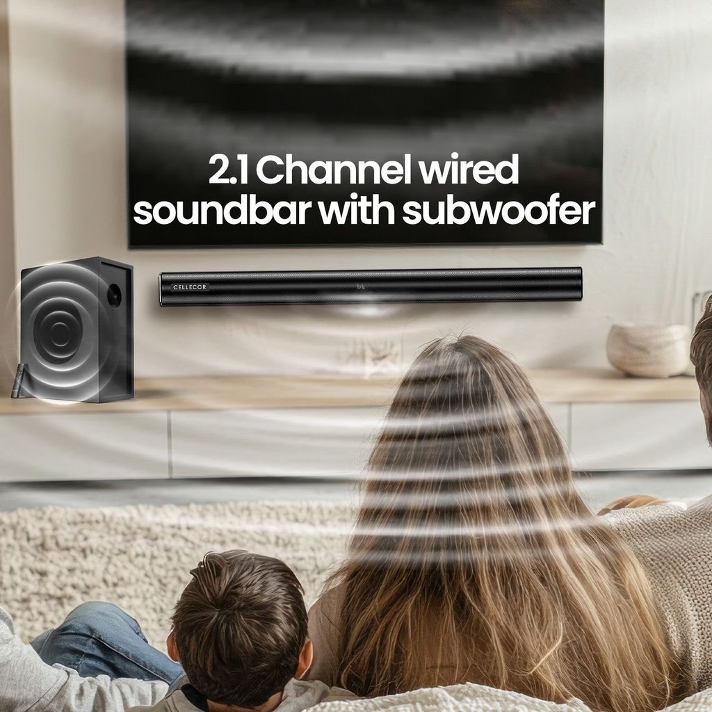 CELLECOR CBS-01 TUNEBAR 2.1 Channel Soundbar with 160W RMS Output, 80W Subwoofer, Bluetooth 5.3 & Matte Black Metal Grill - Black