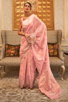 Salmon Pink Linen Silk Saree With Sequence Work