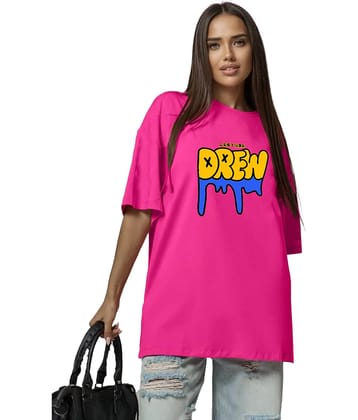 Leotude Women Cotton Blend Printed Oversized Fit Round Neck T-Shirt ( Pink )