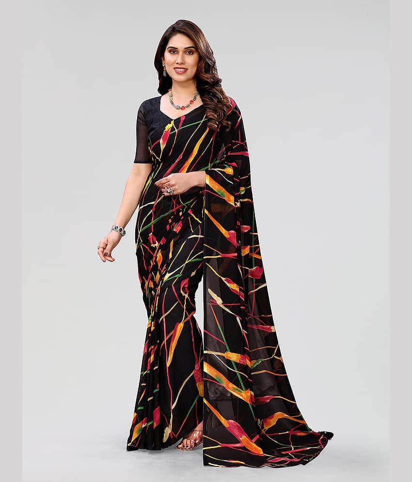 ANAND SAREES Georgette Printed Saree With Unstitched Blouse Piece ( Black )