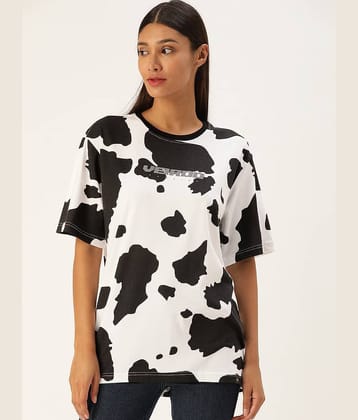 JUNEBERRY Women Cotton Printed Oversized Fit Round Neck T-Shirt ( White )