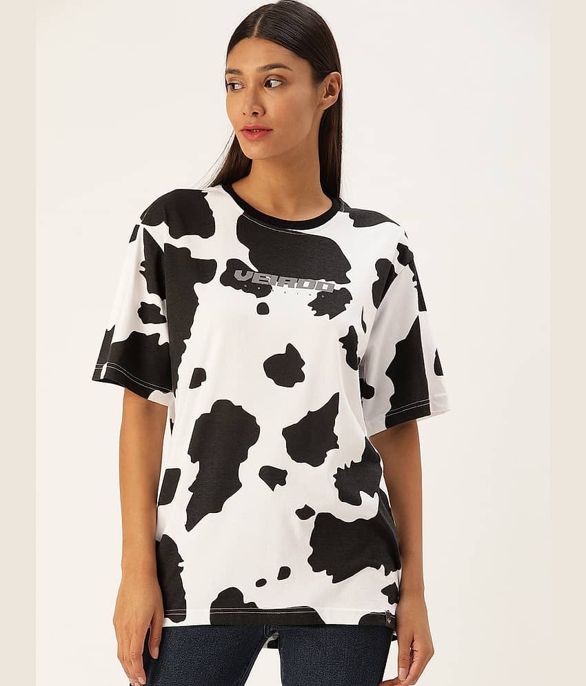 JUNEBERRY Women Cotton Printed Oversized Fit Round Neck T-Shirt ( White )