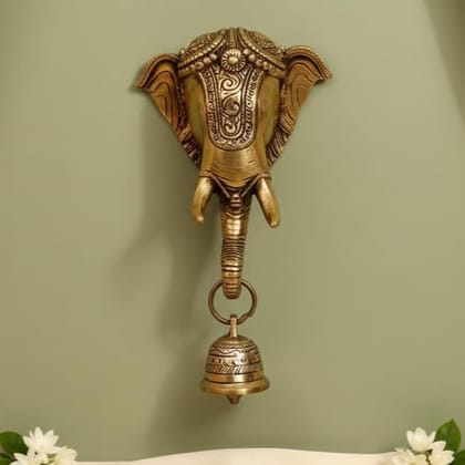 Sukh Sehaj Shree Ganesh Ghanti | Brass Hanging Bell | Handcrafted, Antique Black Finish, 9.0 Inch Length for Home Temple, Decor, Pooja Ritual and Gifting