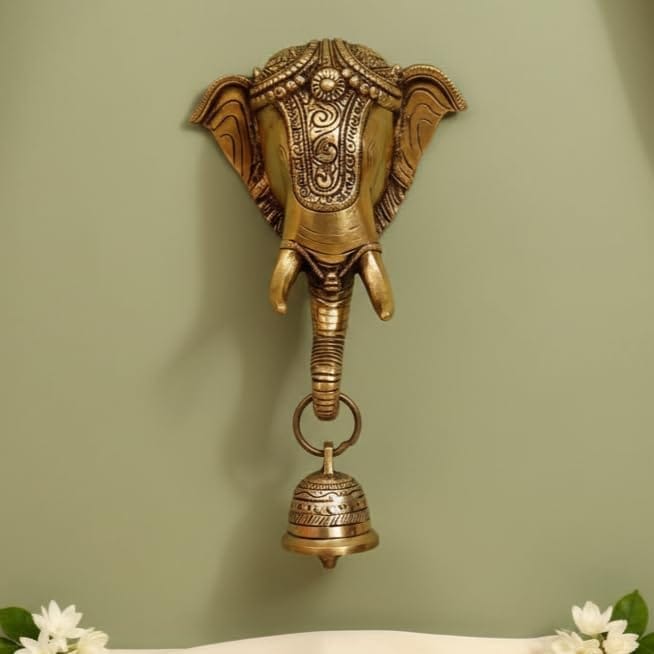 Sukh Sehaj Shree Ganesh Ghanti | Brass Hanging Bell | Handcrafted, Antique Black Finish, 9.0 Inch Length for Home Temple, Decor, Pooja Ritual and Gifting