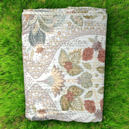 Hand Quilted Kantha Bedcover- Beige-90 x 100 inches