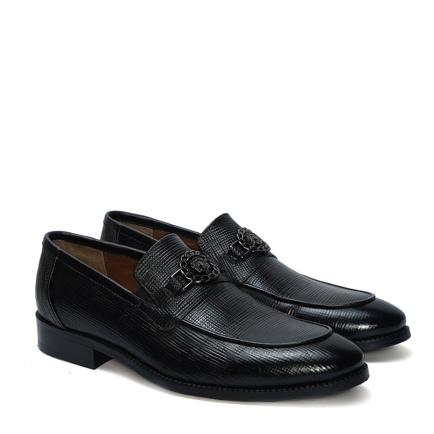 Black Saffiano Leather Loafer with "Brune & Bareskin" Chain Embellishment Lion Logo-40/6