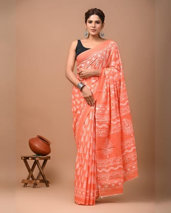 Blockprinted Pure Mul Cotton Artistic Peach Saree