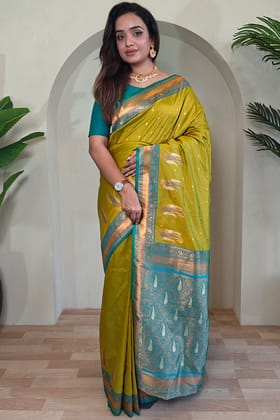 Ochre Yellow Zari Woven Banarasi Soft Silk Saree