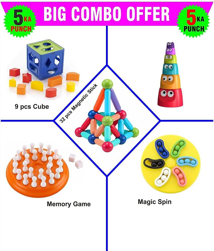 RAINBOW RIDERS Big Combo (32 pcs Magnetic Stick + Mind Game + Magic Spin + Monster Cup + 9 pcs Cube) Baby Activity Toys For Boys Girls 3,4,5,6+ years