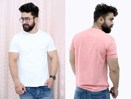 Tru Threads Solid Premium T-Shirt 2 Pcs Combo - White, Peach (Size - M)
